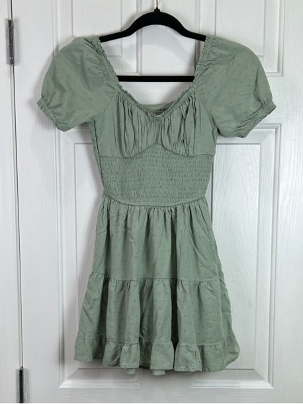 Hollister Sage Green Swiss Dot Smocked Tiered Romper with Pockets XS